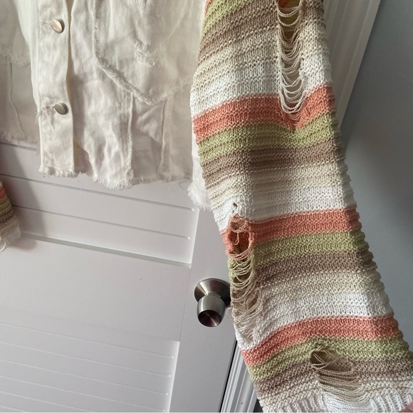 POL White Distressed Jean Jacket with Crochet Sleeves Size Medium - Picture 8 of 12